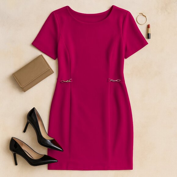 Talbots Sheath Dress Size 14 Chain Detail Pink Short Sleeve Knee Length - Picture 2 of 9